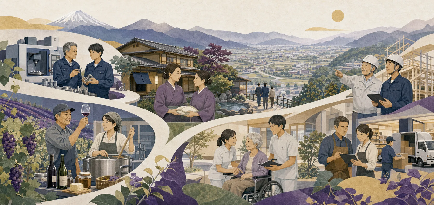 山梨の多様な地域企業と事業承継を描いたオリジナルイラスト