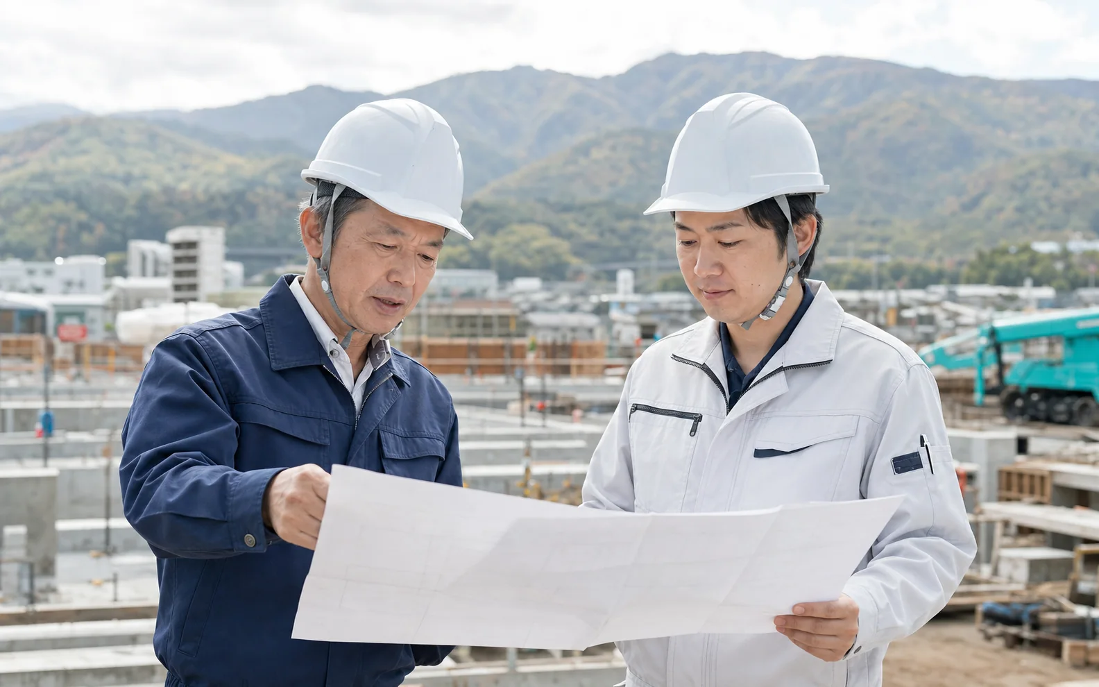 山梨の建設現場で事業の引き継ぎを話す経営者と現場責任者
