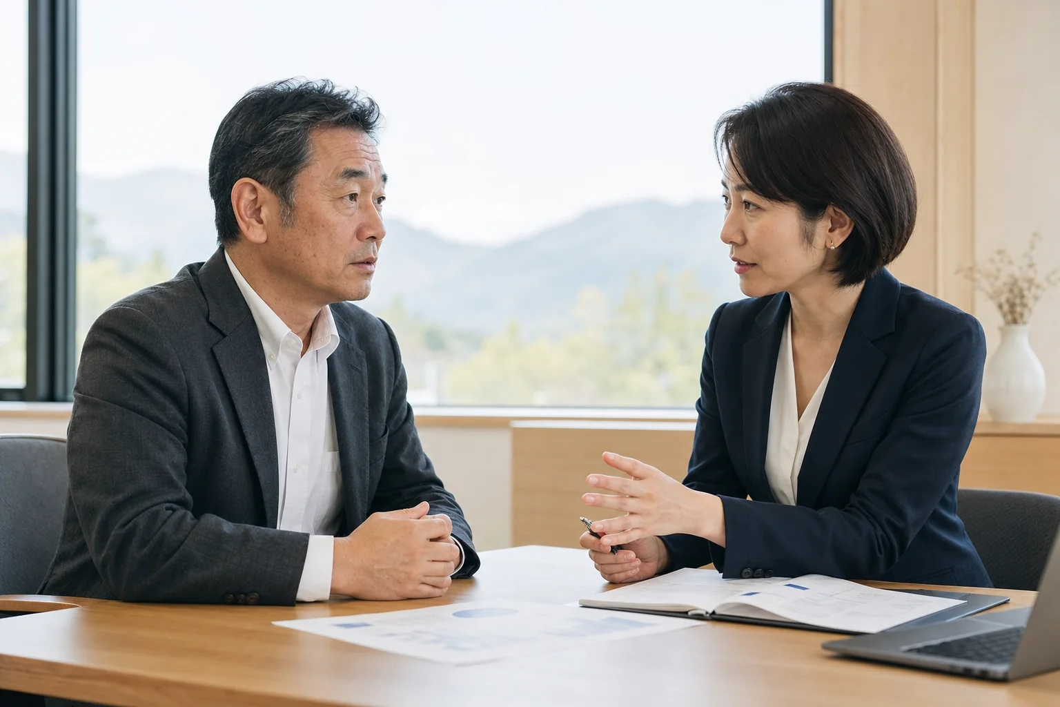 山梨の会社売却について話す経営者とアドバイザー