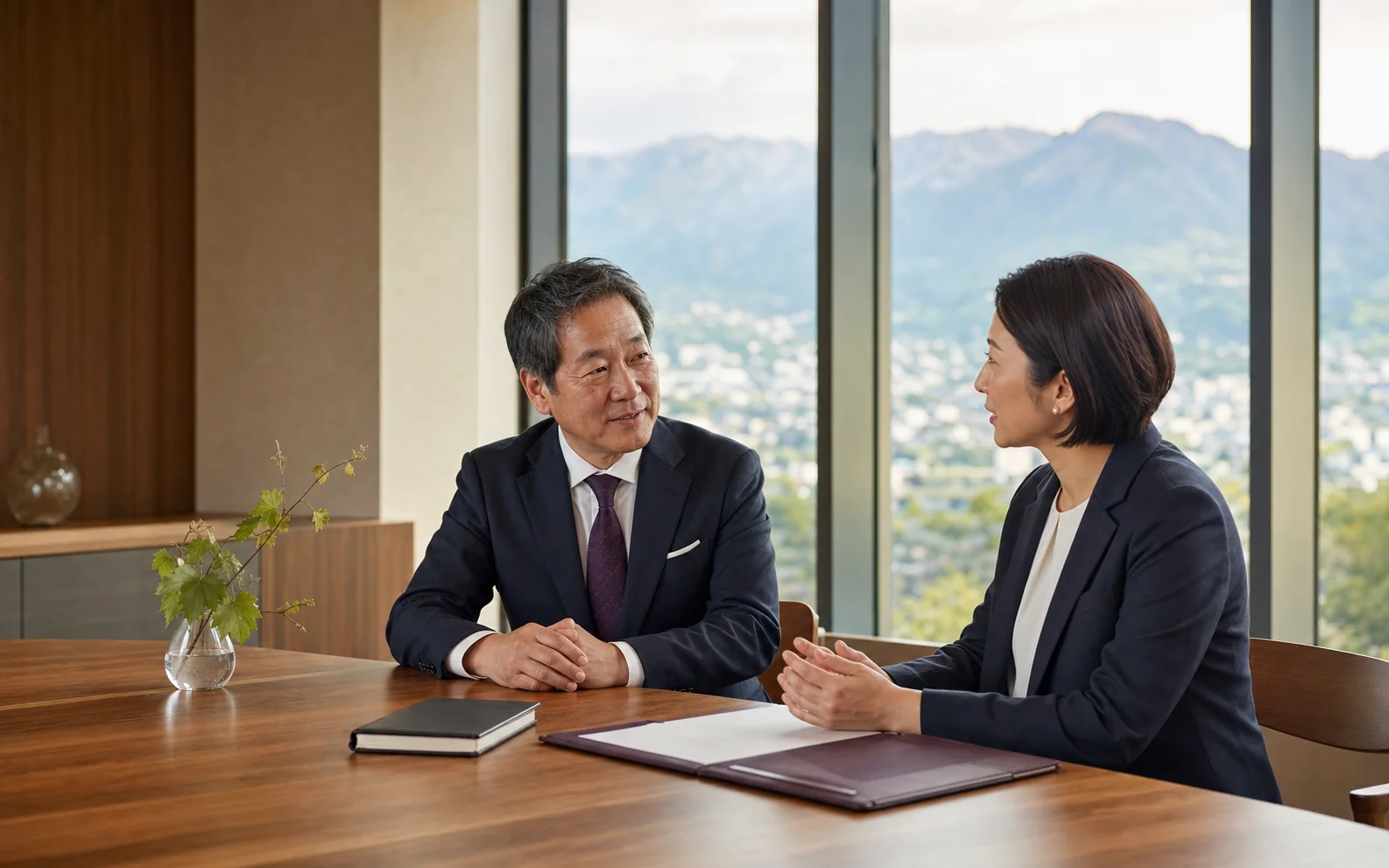 山梨県の会社売却について話す経営者とアドバイザー