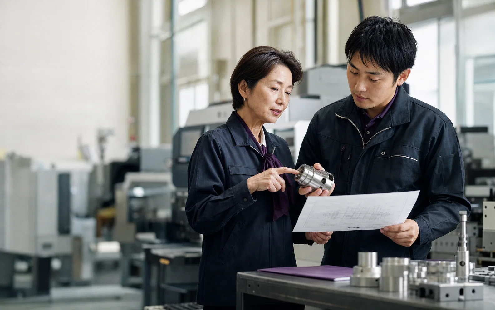 精密加工の技術と事業の引き継ぎを話す経営者と技術者