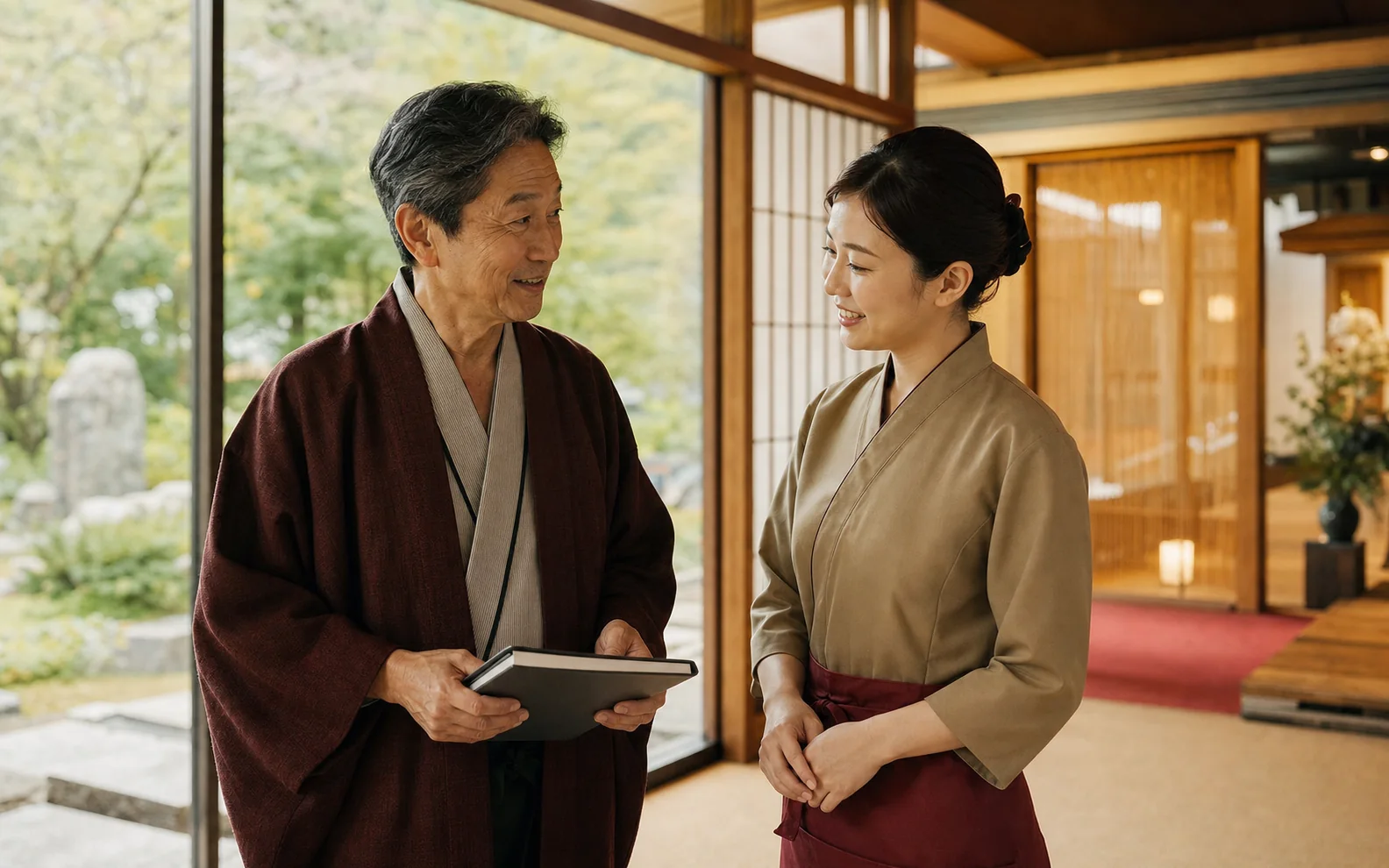 山梨の旅館で運営の引き継ぎを話す経営者と若いスタッフ
