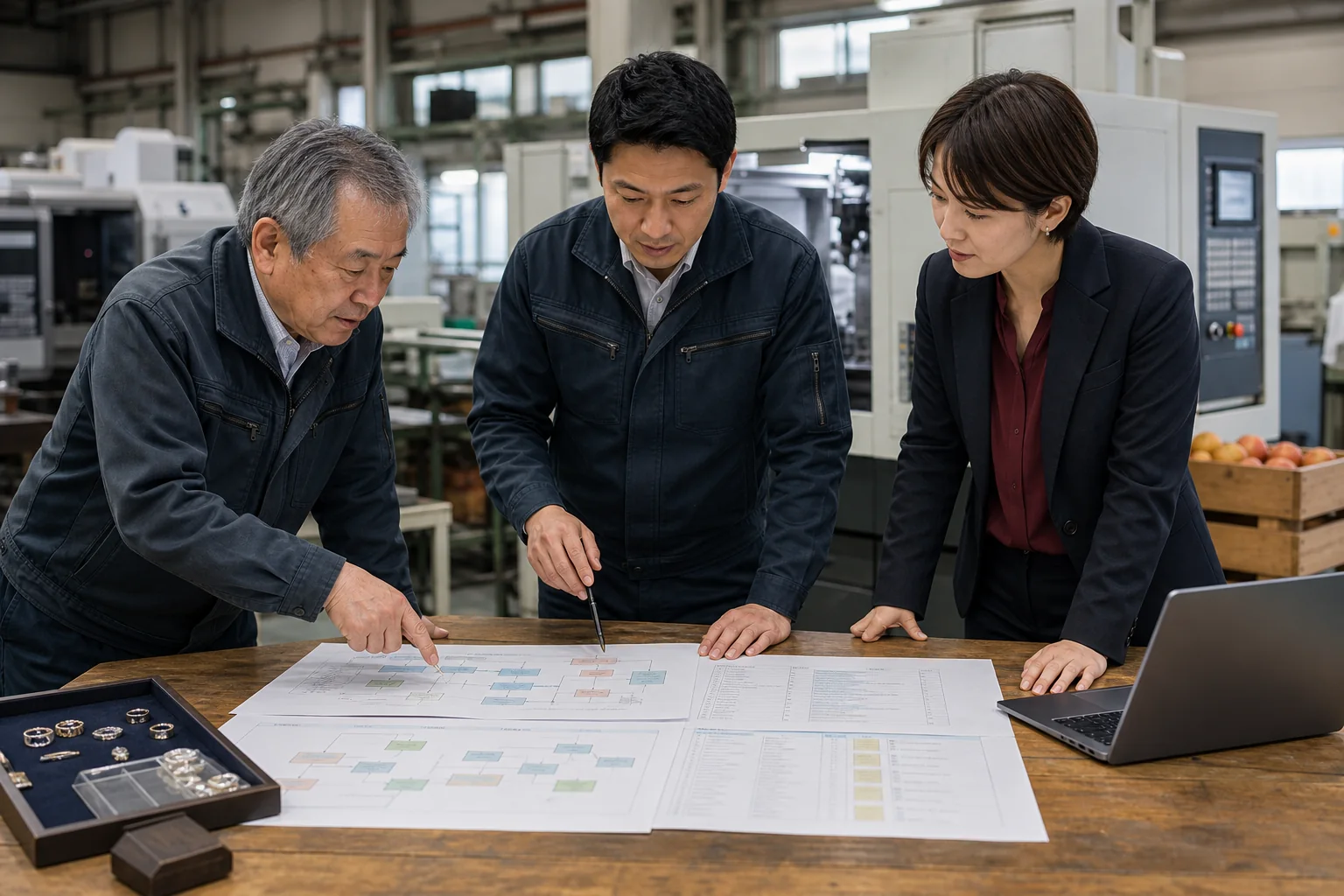 山梨の製造現場で設備一覧と業務引継ぎ資料を確認する経営者・次世代・担当者の生成イメージ