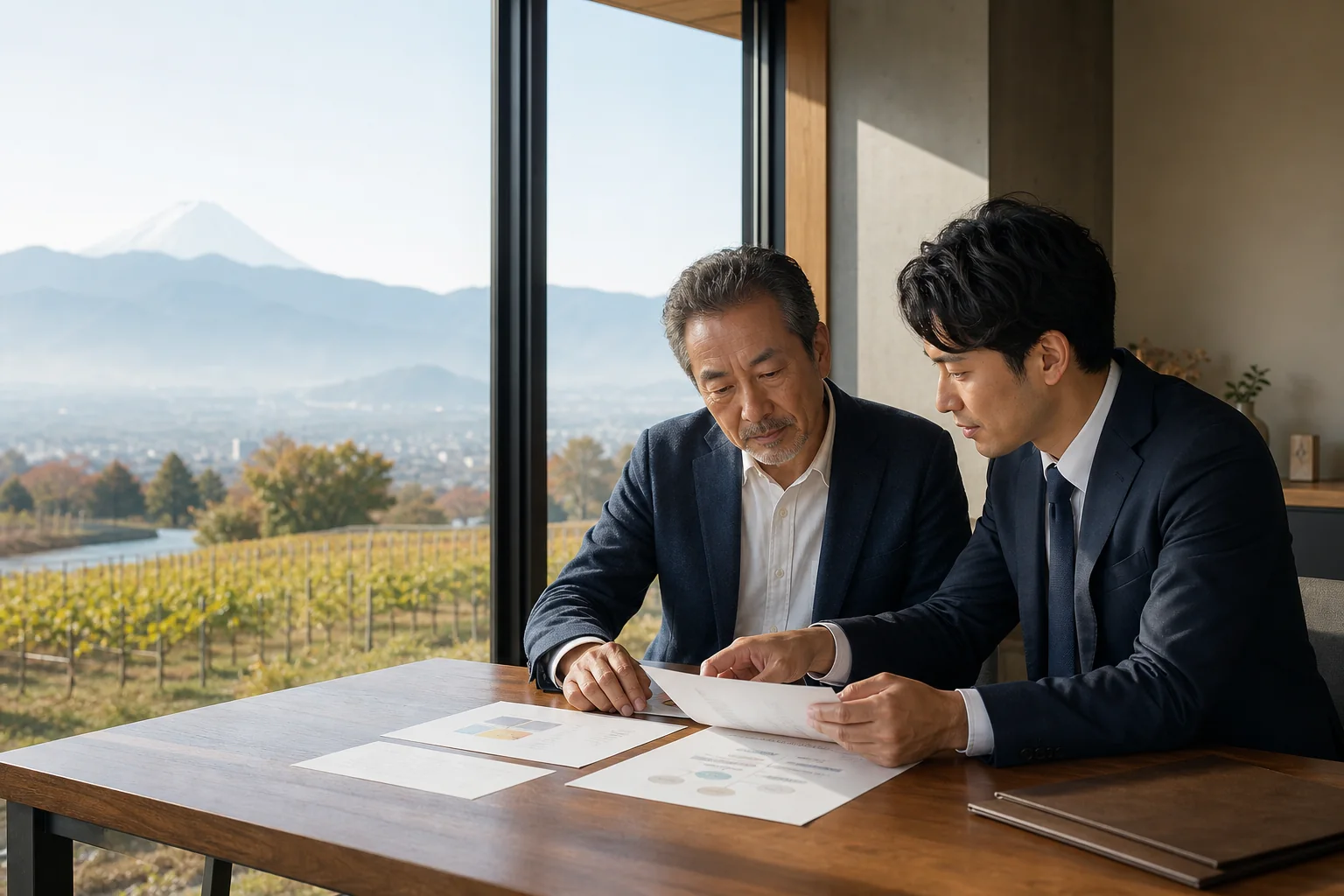 山梨の事業承継について資料を確認する経営者と後継者候補の生成イメージ